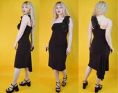 90s Y2k Brown Asymmetric Lace Ruffle Shoulder Midi Dress XS