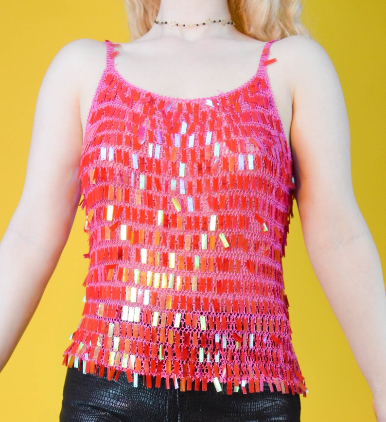 90s Y2k Pink Square Sequin Crochet Tank Top S | Etsy