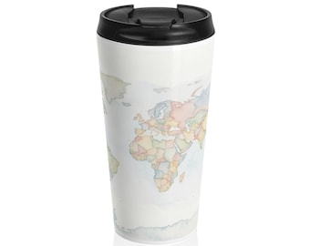 Taza de viaje con mapa del mundo en acuarela / Taza de viaje estética / Regalo para amantes de los viajes / Taza con mapa minimalista / Regalo para viajeros