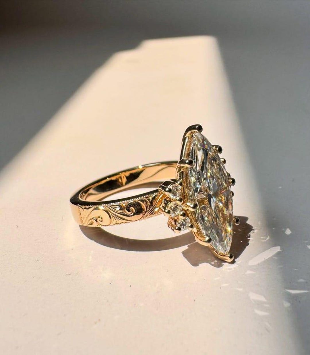Marquise Cut Moissanite Engagement Ring, 14K Yellow Gold Floral Band ...
