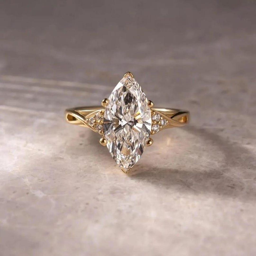 Marquise Cut Moissanite Engagement Ring, 14K Yellow Gold Twisted Band ...