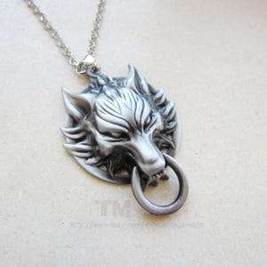 Könnte beinhalten: Silberne Halskette mit einem Wolfskopf-Anhänger. Der Anhänger ist detailliert und hat einen Ring, der an der Unterseite befestigt ist.