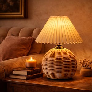 Może przedstawiać: Dekoracyjna lampa stołowa z podstawą z plecionego rattanu i plisowanym abażurem. Lampa stoi na drewnianym stole obok zapalonej świecy, dwóch książek i małego wazonu z suszonymi kwiatami. Ciepłe oświetlenie tworzy przytulną atmosferę.