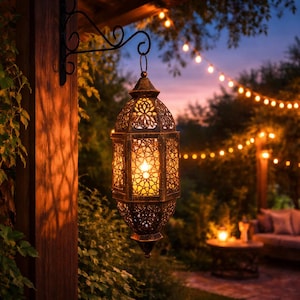 Puede incluir: Una linterna decorativa de color bronce con intrincados patrones calados cuelga de un soporte de metal negro. La linterna está iluminada desde dentro, proyectando un brillo cálido. El fondo presenta un cielo crepuscular y luces de cadena.