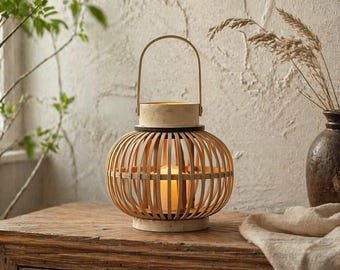 Lanterne bougie sphérique faite main en bambou avec poignée, bougeoir bohème Wabi Sabi rustique, décoration de table de jardin de ferme écologique