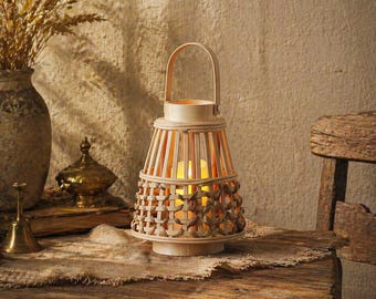 Vintage Rustic Handwoven Bamboo Candle Lantern with Wooden Handle, Cozy Eco-Friendly Ambiance Decor for Indoor Home & Outdoor Garden Spaces