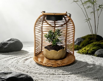 Farol solar de ratán tejido a mano para exteriores, lámpara impermeable con soporte para maceta, decoración rústica para patio, jardín o terraza.