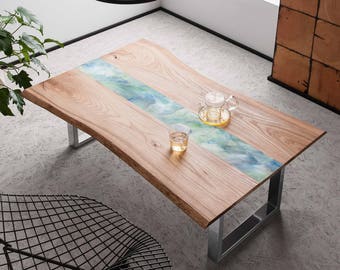 Resin Art Coffee Table - Natural Live edge wood slab coffee table