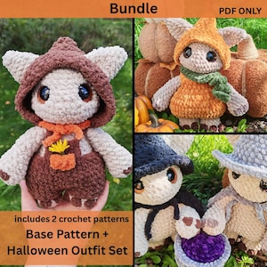 May include: A digital PDF bundle featuring crochet patterns for a goblin doll and Halloween outfits. The images display plush, textured yarn dolls in various colors, including brown, orange, and grey, with large dark eyes and detailed accessories.