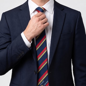 Peut inclure: Un blazer bleu marine porté sur une chemise blanche à col rigide avec une cravate à rayures diagonales rouges, jaunes et bleu marine. La cravate présente le texte "PRIMA Clariant" en lettres blanches près de l'extrémité inférieure.
