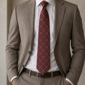 Peut inclure: Une cravate rouge foncé ornée d'un motif géométrique circulaire noir répétitif, portée avec une chemise blanche à col rigide, un blazer beige, un pantalon beige assorti et une ceinture en cuir marron foncé à boucle métallique argentée.