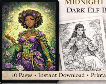 Frauen Ausmalbilder | Dunkelelf Fantasy Kunst | Florales Malbuch PDF | Erwachsene Stress Relief druckbar