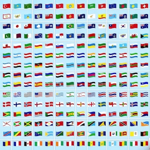 Puede incluir: Una colección de diversas banderas nacionales, cada una ondeando sobre un fondo azul claro. Las banderas son rectangulares, con diversos diseños y colores, representando países de todo el mundo. La imagen es una cuadrícula de banderas.