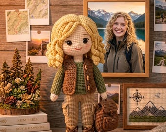 Crochet Hiking Doll, Amigurumi Backpacker Gift, Mountain Adventure Decor, Handmade Travel Girl Plush, Cabin Wall Art
