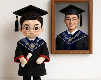 Handgemachte Abschlussfeier häkeln Puppe, Individuell vom Foto Studenten Geschenk, personalisiertes Amigurumi graduiertes Andenken