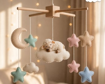 Filz Lamm Baby Mobile, Mond Stern Krippe Dekor, Pastell Wolke Kinderzimmer, Baby-Dusche-Geschenk