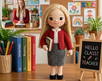 Personalisierte Amigurumi Lehrer Puppe, benutzerdefinierte häkeln Lehrer Geschenk, Lehrer Schreibtisch Dekor, Klassenzimmer Lehrer Figur