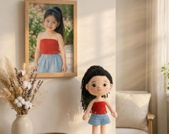 Benutzerdefinierte Häkelpuppe, personalisiertes Amigurumi Mädchen, handgemachte Fotopuppe, Mini Me Garn-Andenken