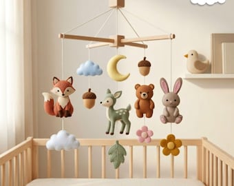 Woodland Baby Mobile, Felt Forest Crib Decor, Fox Deer Bunny Nursery Hanging, Neutral Gift