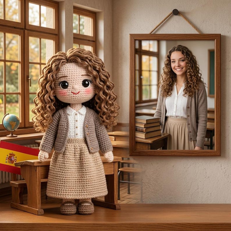 Puede incluir: Mu&ntilde;eca de ganchillo hecha a mano vestida con un atuendo de maestra, que incluye una falda color canela, una blusa blanca y una rebeca marr&oacute;n. La mu&ntilde;eca tiene cabello casta&ntilde;o rizado y mejillas rosadas. Un espejo refleja a una mujer con un atuendo similar.