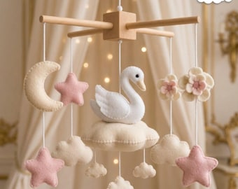 Schwan Baby Mobile, Filz Krippe Dekor, rosa Mond Sterne Kinderzimmer hängen, Mädchen-Dusche-Geschenk
