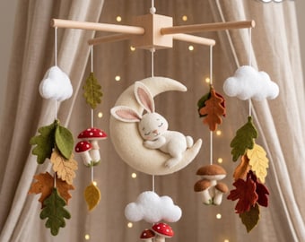 Wald Krippe Mobile, Häschen Mond Dekor, Filz Wald hängen, Boho Krippe Geschenk Akzent