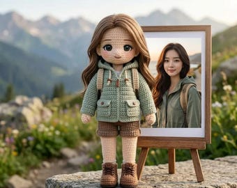 Personalisierte Häkelpuppe, Handgemachte Abenteuer Wandern Puppe, Benutzerdefinierte häkeln Geschenk mit Foto, anpassbare Amigurumi