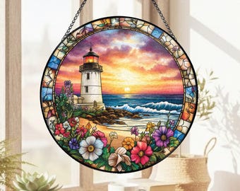 Glasmalerei-Leuchtturm-Sonnenuntergang-Ozean-Sonnenfänger-Küstenstrand-Fenster-hängendes Dekor-Geschenk