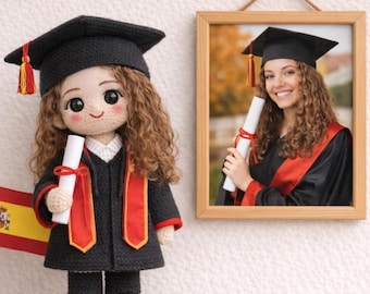 Muñeca de ganchillo personalizada para graduación, regalo con foto personalizada, amigurumi, recuerdo en miniatura