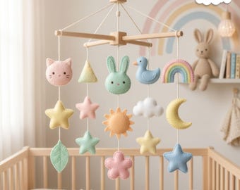 Regenbogen Baby Mobile, Filz Krippe Dekor, Kaninchen Ente Katze hängen, Pastell Kinderzimmer Geschenk