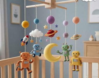 Weltraum Baby Mobile, Sonnensystem Kinderzimmer Dekor, Rakete Roboter Krippe hängen, Neugeborenen Geschenk