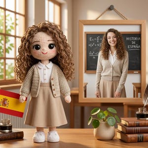 Puede incluir: Mu&ntilde;eca de ganchillo vestida con falda beige, c&aacute;rdigan y camisa blanca, sosteniendo una bandera espa&ntilde;ola. La mu&ntilde;eca tiene cabello casta&ntilde;o rizado y zapatos blancos. Una foto enmarcada de una mujer con atuendo similar est&aacute; en el fondo.