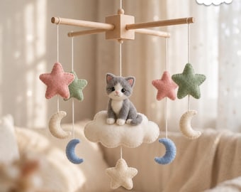 Filz Katze Mobile, Mond-Stern-Dekor, Neutral-Dusche-Geschenk, Waldakzent Neugeborene