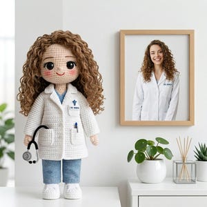 Puede incluir: Mu&ntilde;eca de ganchillo hecha a mano vestida de doctora, con bata blanca, vaqueros azules y zapatillas blancas. La mu&ntilde;eca tiene el pelo rizado casta&ntilde;o y un estetoscopio. Una foto enmarcada de una mujer con bata de m&eacute;dico cuelga en la pared.