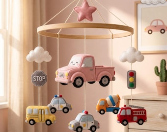 Rosa LKW Baby Mobile, Filz Fahrzeug Krippe Dekor für Mädchen Kinderzimmer, Dusche Geschenk