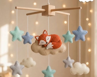 Móvil de fieltro con forma de zorro para cuna, decoración de cuna con temática de bosque, habitación infantil con estrellas y nubes, regalo para baby shower.