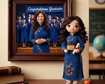 Personalisierte Lehrerin Häkelpuppe, Individuell vom Foto, Amigurumi Andenken Geschenk, Lehrer Wertschätzung Geschenk