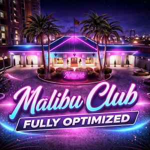 May include: An illuminated image of the Malibu Club at night, with palm trees and a neon-lit building. The words "Malibu Club" are in a stylized font, with "FULLY OPTIMIZED" below. The scene is set against a dark, starry sky.