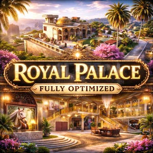 Puede incluir: Imagen de un palacio lujoso con el texto "ROYAL PALACE" y "FULLY OPTIMIZED" en letras doradas. La escena incluye un gran edificio con techo abovedado, palmeras y un jardín exuberante, evocando lujo y opulencia.