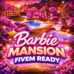Può includere: Illustrazione digitale di una Barbie Mansion rosa con piscina, campo da tennis e paesaggio lussureggiante. Il testo "Barbie Mansion FIVE READY" è visualizzato in 3D.