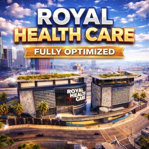 May include: An architectural rendering of a modern healthcare facility. The image features two large buildings with the text "ROYAL HEALTH CARE" and "FULLY OPTIMIZED". The buildings have glass facades and are surrounded by palm trees and city infrastructure.