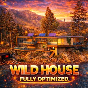 Puede incluir: Una casa moderna de varios pisos con grandes ventanales y paneles solares en el tejado. El texto "WILD HOUSE FULLY OPTIMIZED" se muestra en letras doradas. La casa está situada en una ladera rocosa cerca de un lago, con una vibrante puesta de sol al fondo.