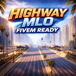 Puede incluir: Imagen de arte digital de una escena de autopista con el texto "HIGHWAY MLO FIVE READY" en una fuente estilizada. La imagen presenta una larga autopista de varios carriles que se extiende a la distancia, bordeada de palmeras y rascacielos modernos.
