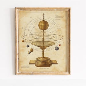 May include: A framed vintage-style print featuring a golden orrery model with a central sphere, concentric rings, and orbiting planets against a parchment-colored background. The illustration includes fine lines, technical diagrams, and handwritten text.