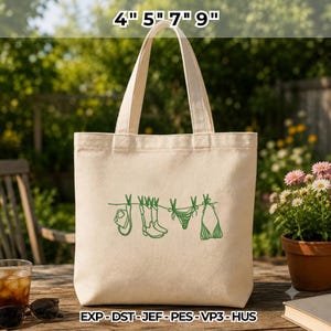 Western Clothesline Machine Embroidery Pattern, Coastal Cowgirl Sweatshirt Design, Summer Bikini Cowboy Boot Tote Bag Line Art Digital