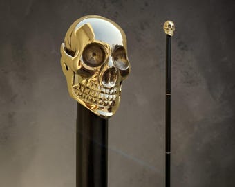 Bastón con calavera de latón, bastón de madera negra estilo victoriano