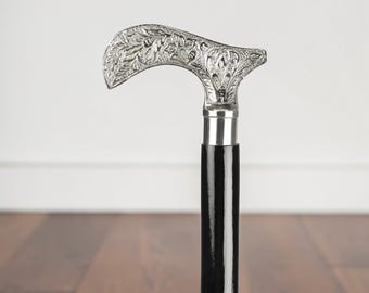 ヴィンテージ真鍮製ハンドル付き杖、黒木製シャフト、ビクトリアンスタイルの杖