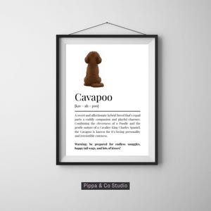 Könnte beinhalten: Ein gerahmter Druck mit einer braunen Cavapoo-Illustration. Das Wort "Cavapoo" wird in großer Schrift angezeigt, zusammen mit einer Beschreibung der Eigenschaften der Rasse. Der Druck befindet sich in einem schwarzen Rahmen und hängt an einer weißen Wand.