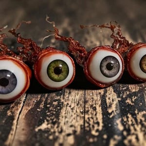 May include: A row of four realistic artificial eyeballs with varied iris colours including blue, green, grey, and brown. Each eyeball features a white sclera, a dark pupil, and attached red, textured tissue remnants extending from the back.