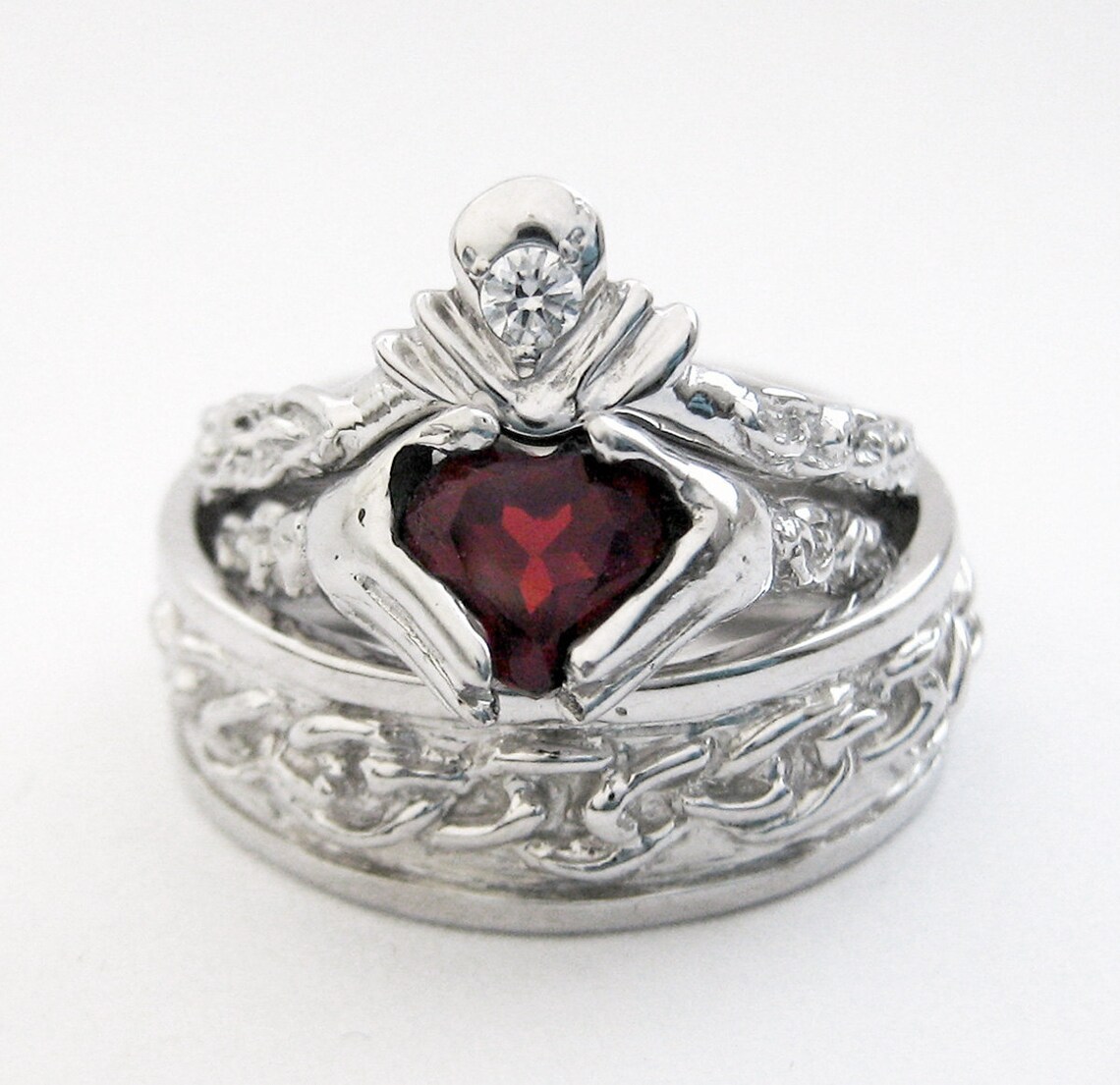 Claddagh Wedding Set Diamonds Genuine Garnet Heart | Etsy